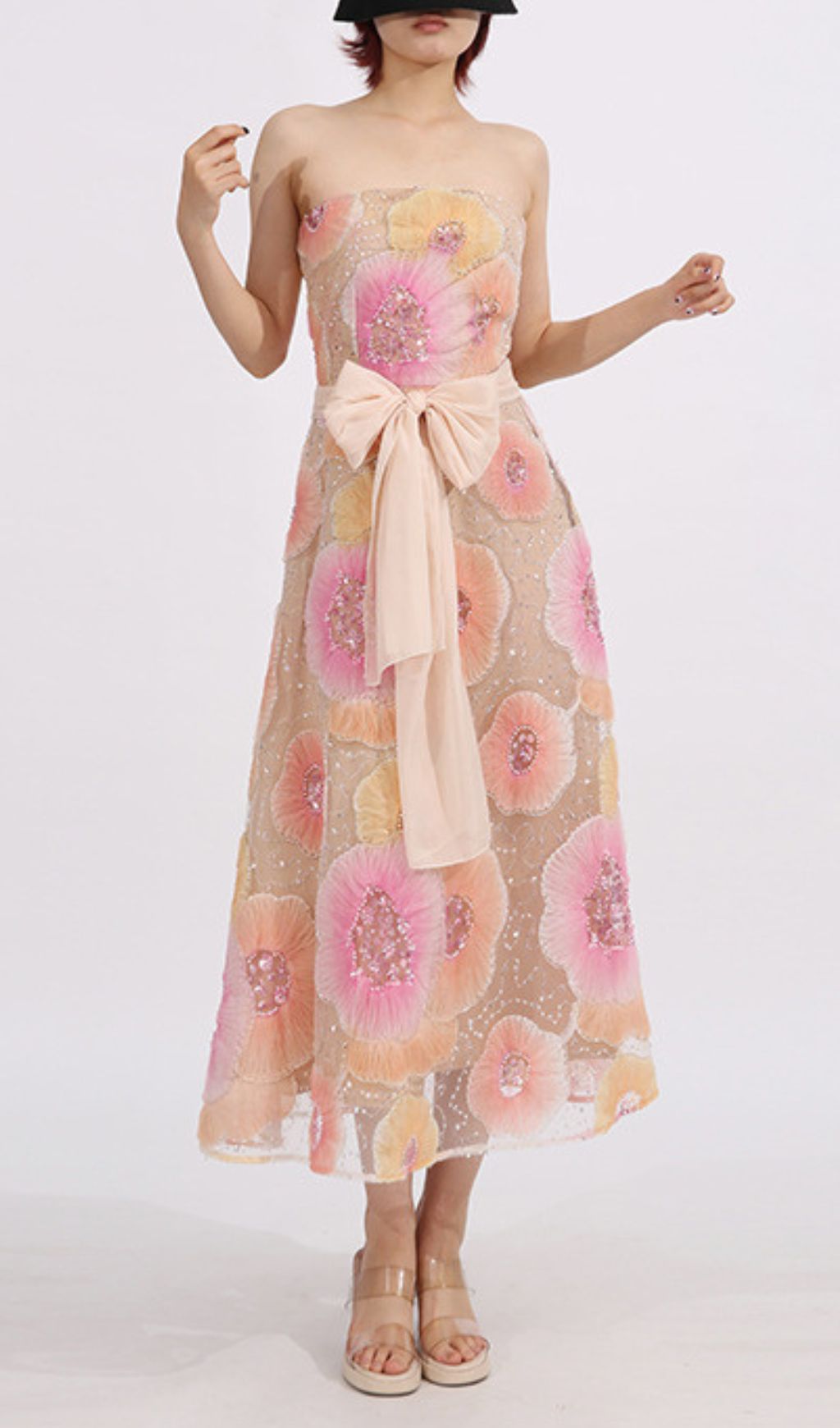 Elowyn Dazzling Floral Sequin Strapless Midi Dress