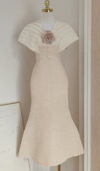 Endre Chic V-Neck Midi Dress with Pleated Sleeves & 3D Floral Appliqu