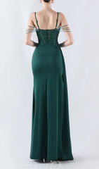 Elegant Emerald Green Beaded Corset Maxi Gown with High Slit