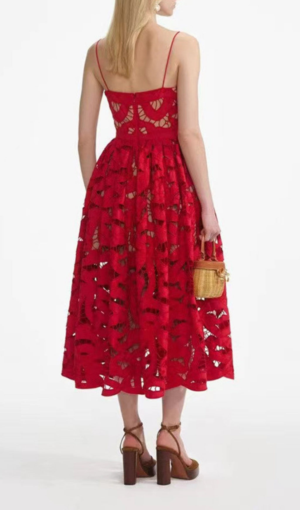 Fay Red Cutout Embroidery Strappy Midi Dress