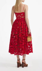 Fay Red Cutout Embroidery Strappy Midi Dress