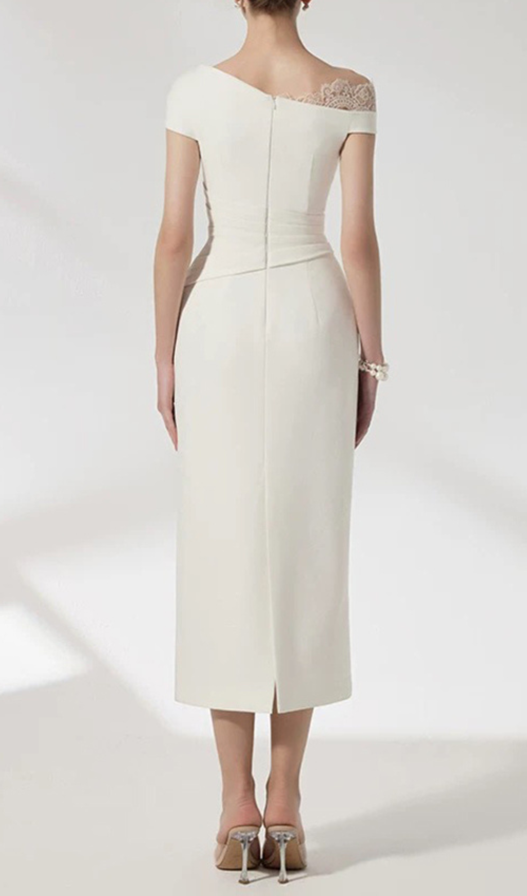 Giang Elegant White Asymmetrical Lace Shoulder Midi Dress