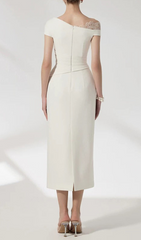 Giang Elegant White Asymmetrical Lace Shoulder Midi Dress