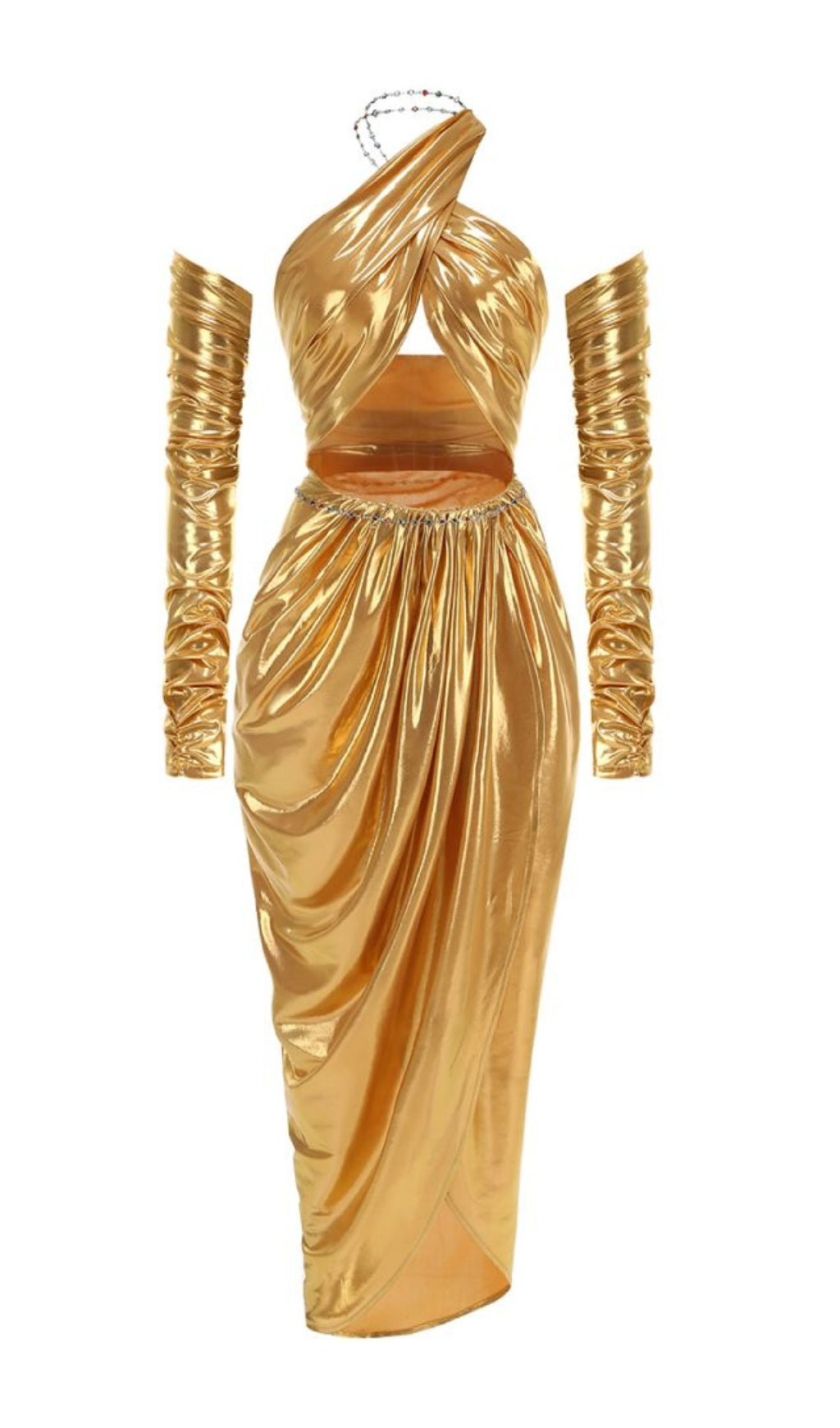 Bodie Gold Goddess Halter Draped Maxi Dress