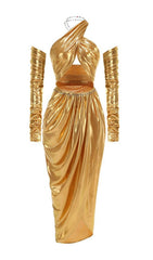 Bodie Gold Goddess Halter Draped Maxi Dress