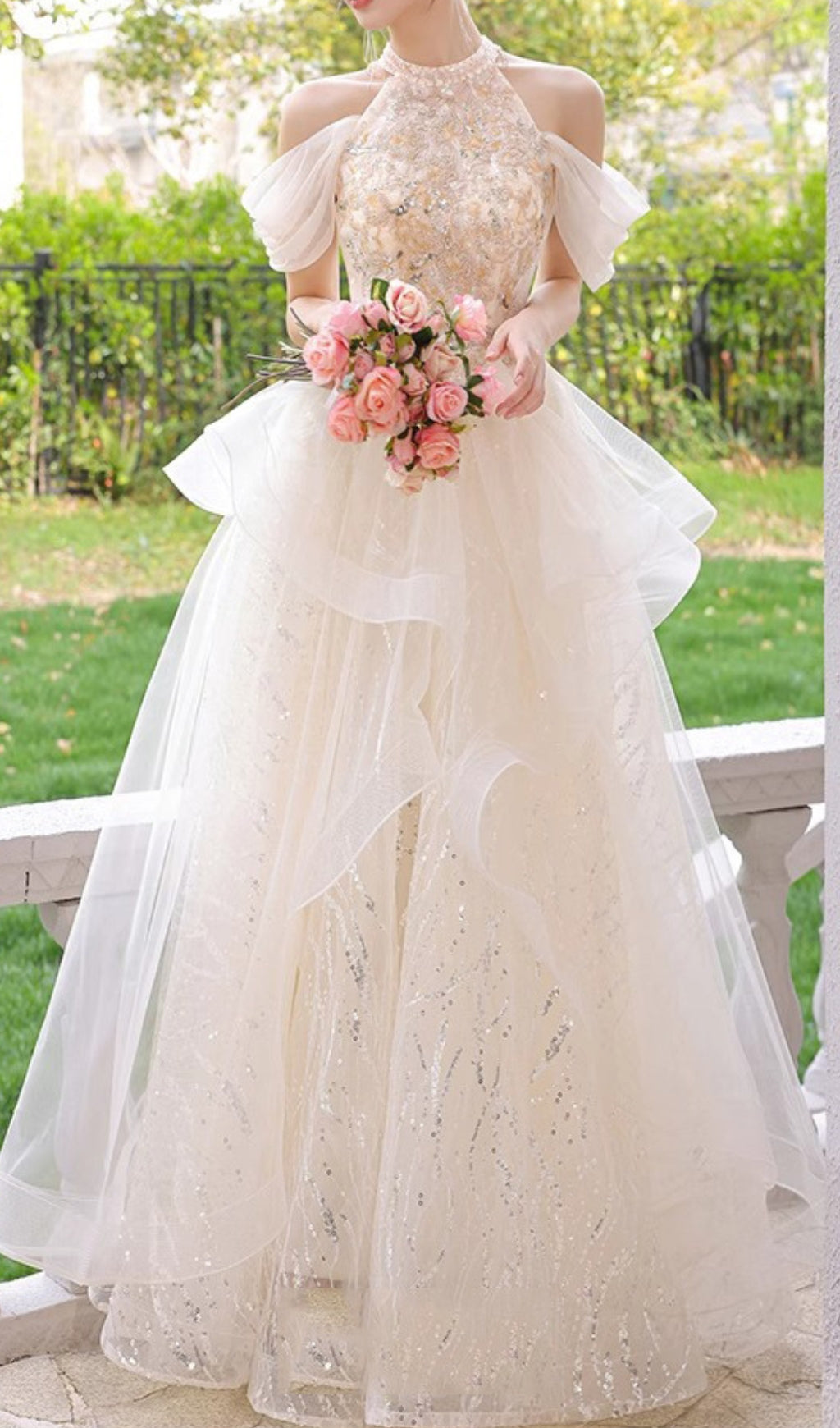 Chione Dazzling Champagne Halter Sequin Mesh Maxi Dress with Romantic Off-Shoulder Sleeves