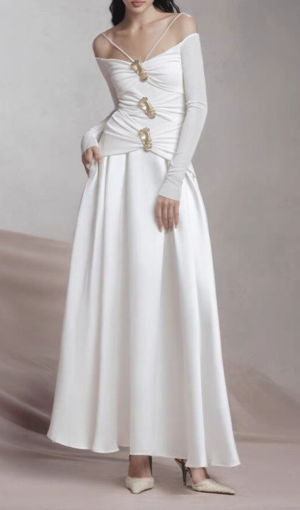 Cailin Gold-Embellished Off-Shoulder Ruched Maxi Dress