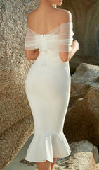 Cyrah White Off-Shoulder Mesh Bandage Midi Dress