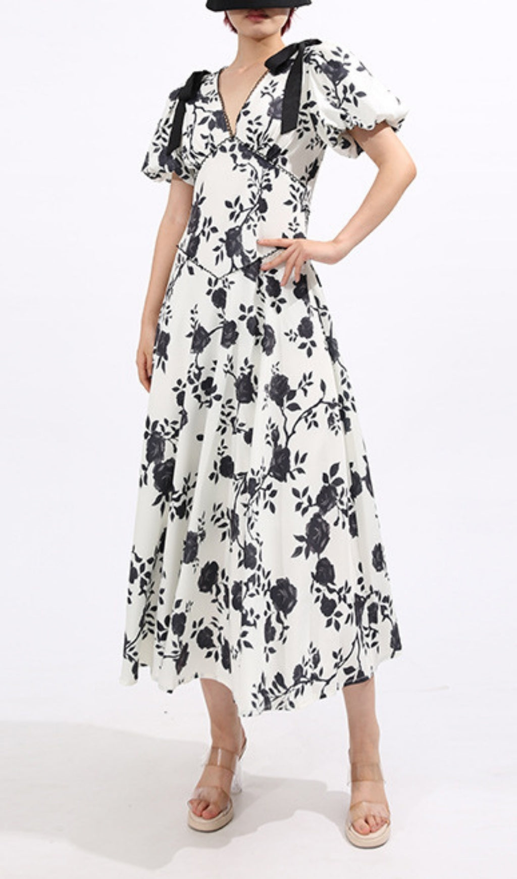 Filip Chic Black & White Floral V-Neck Midi Dress with Puff Sleeves