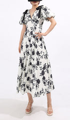 Filip Chic Black & White Floral V-Neck Midi Dress with Puff Sleeves