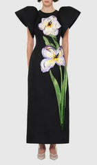 Eadoin Black Floral Statement Maxi Dress with Dramatic Puff Sleeves