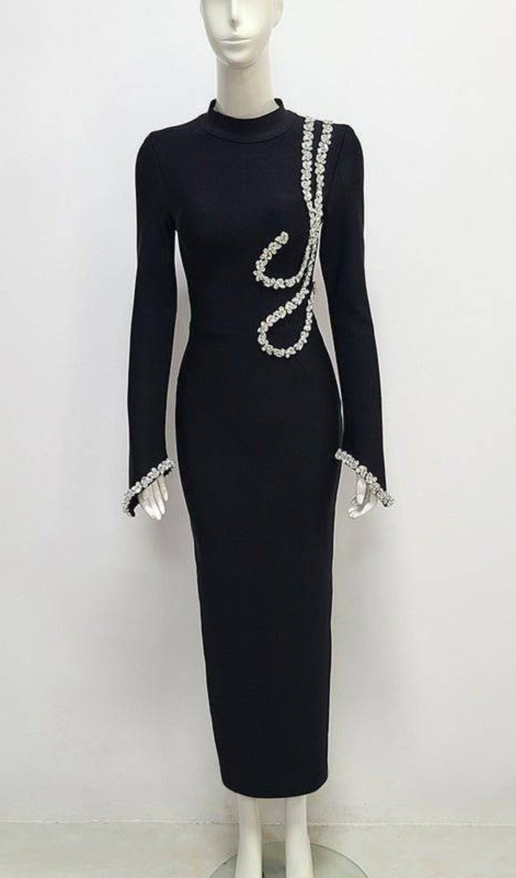 Bronagh Black Velvet Crystal Embellished Long Sleeve Midi Evening Dress