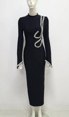 Bronagh Black Velvet Crystal Embellished Long Sleeve Midi Evening Dress
