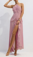 Finneas Chic Pink Halter Pleated Maxi Gown with High Slit