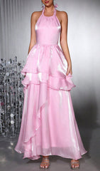 Haloke Shimmer Pink Halter Tiered Ruffle Maxi Dress