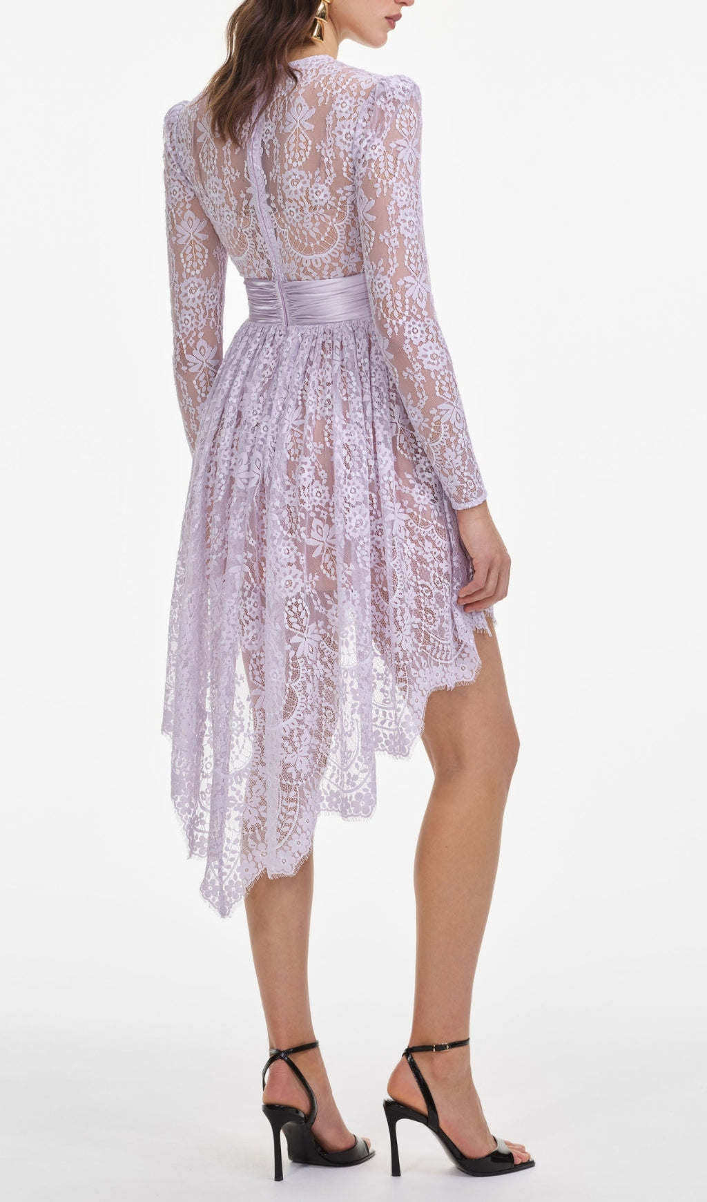 Romantic Lilac Lace High-Low Mini Dress with Satin Waist