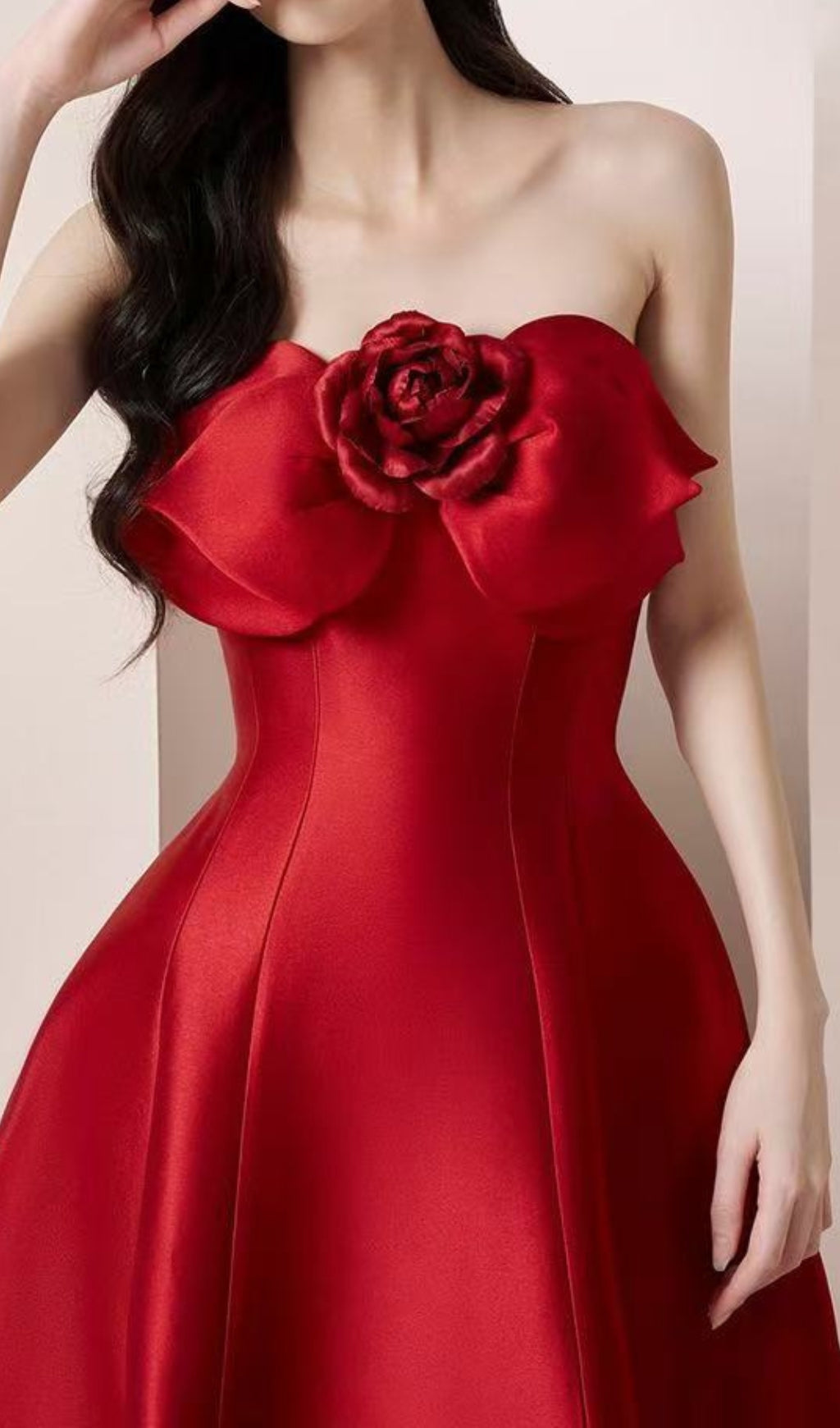 The Scarlet Bloom Strapless Midi Dress