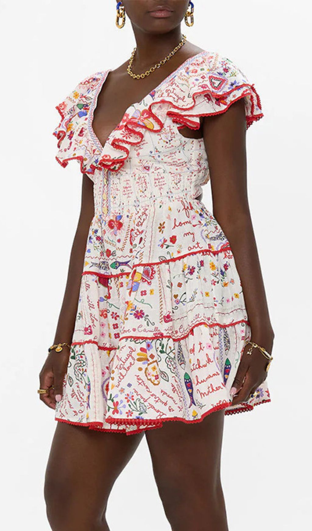 Gelsey Bohemian Script & Floral Print V-Neck Tiered Mini Dress