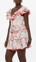 Gelsey Bohemian Script & Floral Print V-Neck Tiered Mini Dress