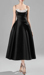 Cantara Chic Black Satin Midi Dress