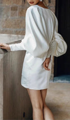 Coletta Luxe White Satin V-Neck Puff Sleeve Mini Dress