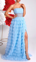Kaida Sky Blue Strapless Corset Tiered Ruffle Maxi Dress with High Slit