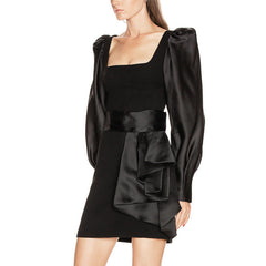 Amandine Black Crepe & Satin Mini Dress with Dramatic Puff Sleeves