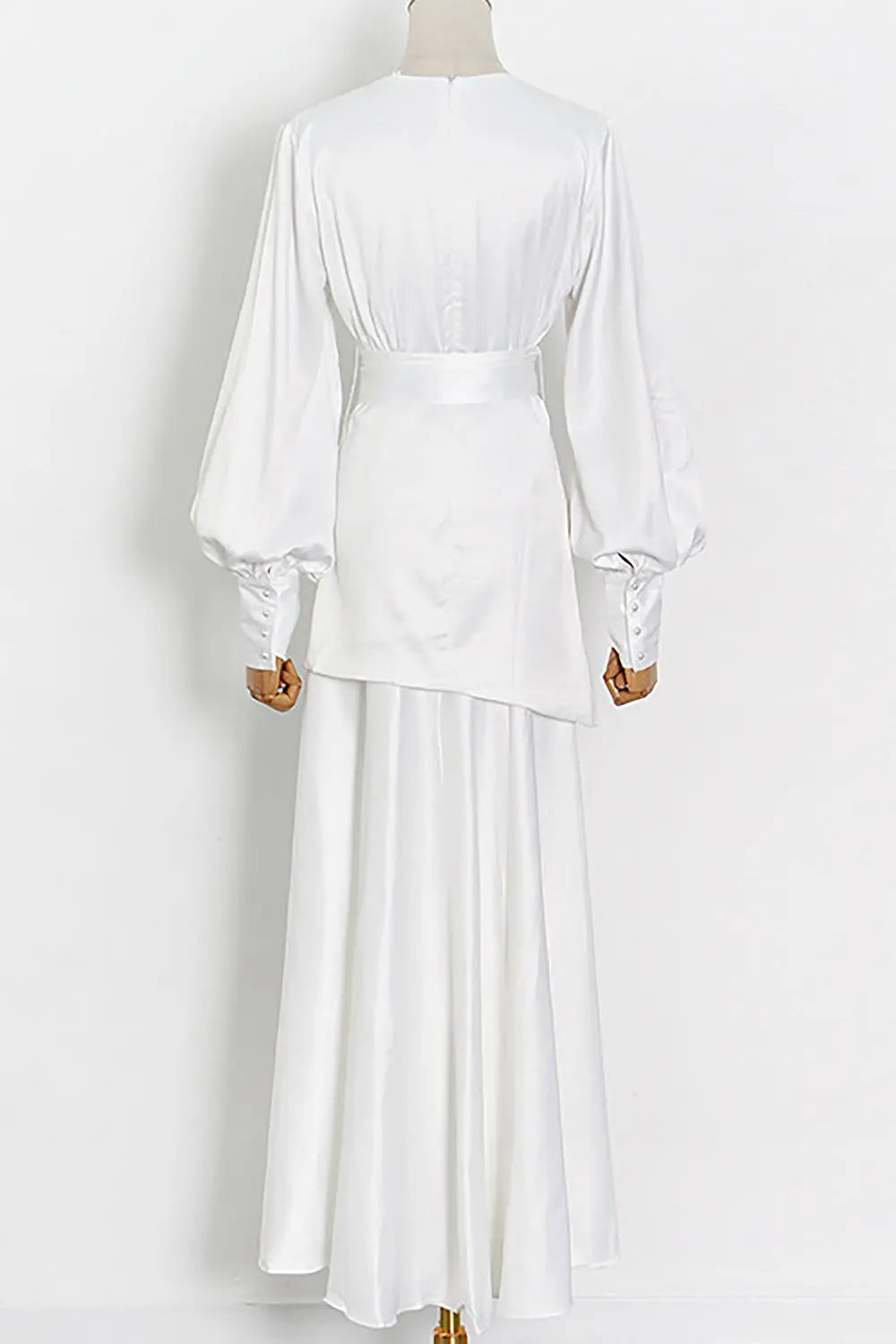 Elegant White Deep V Lantern Sleeve High Slit Maxi Dress for Women