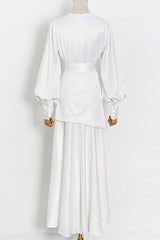 Elegant White Deep V Lantern Sleeve High Slit Maxi Dress for Women