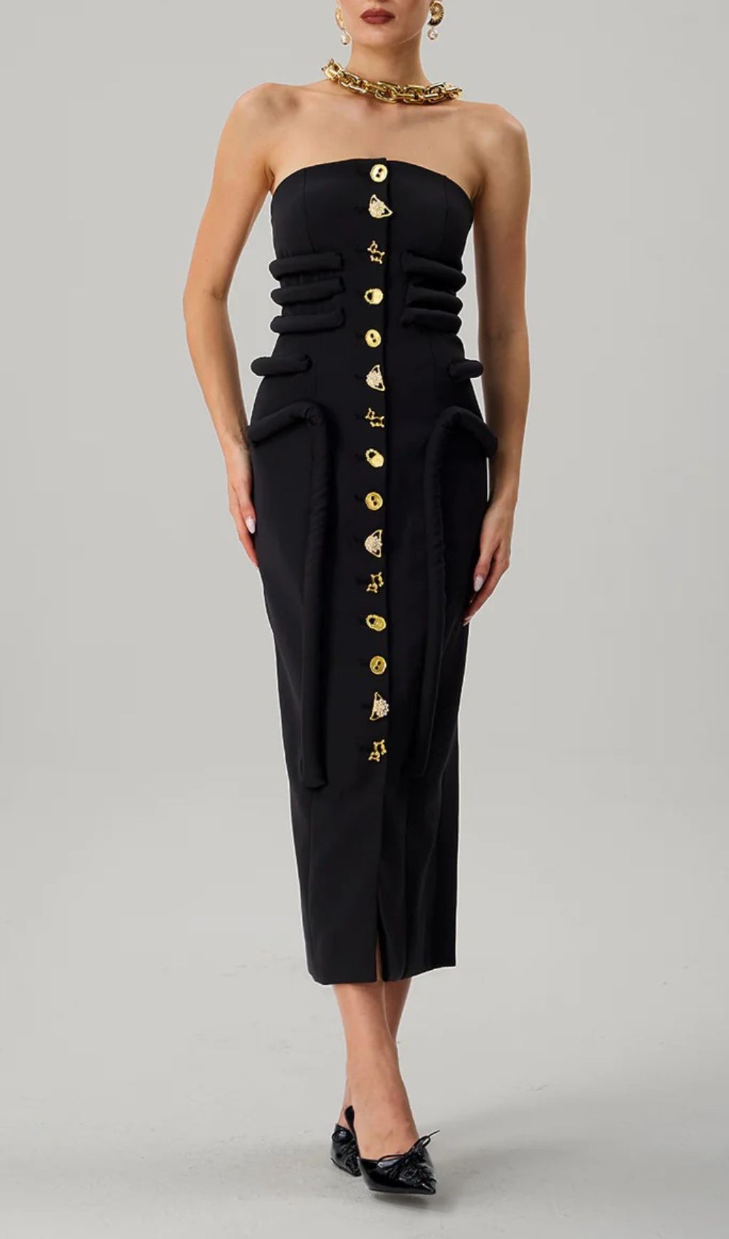 Faridun Sculptural Strapless Button-Front Midi Dress