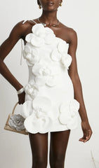 Benji White One-Shoulder 3D Floral Mini Dress