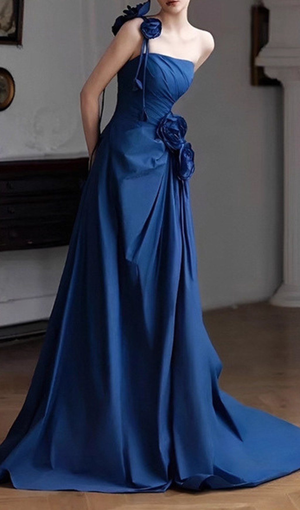 Harva Enchanting Royal Blue One-Shoulder Floral Maxi Gown