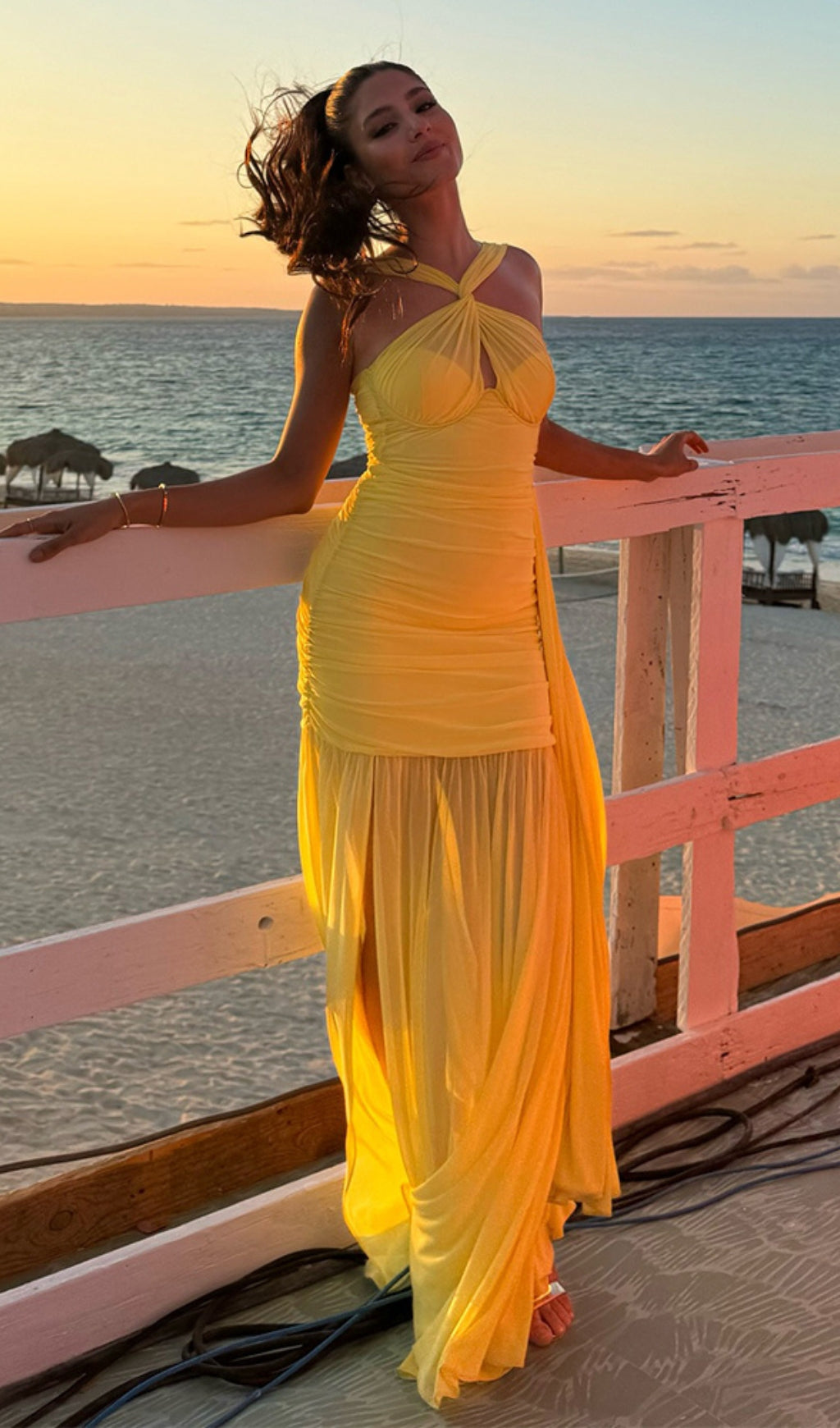 Radiant Bryony Yellow Halter Ruched Maxi Dress with High Slit