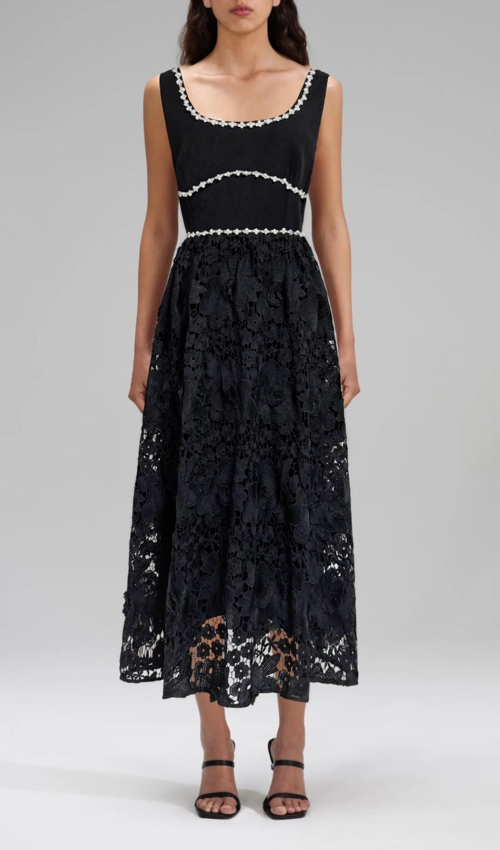 Earline Fuchsia Embellished Floral Lace Midi Dress