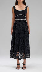Earline Fuchsia Embellished Floral Lace Midi Dress