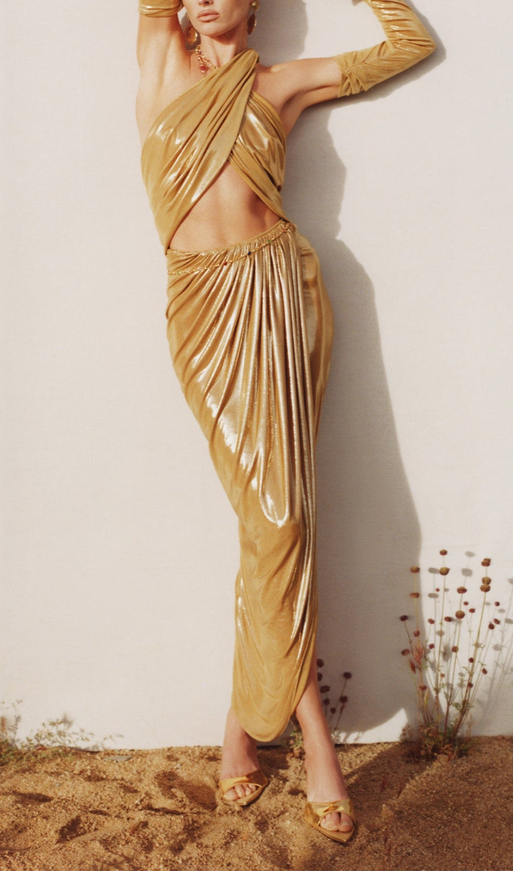 Bodie Gold Goddess Halter Draped Maxi Dress
