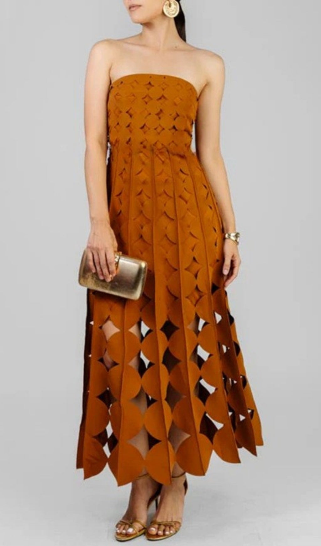 Fifi Terracotta Strapless Laser-Cut Maxi Dress
