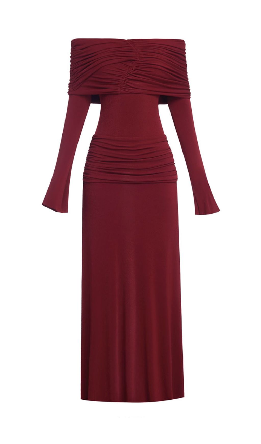 Stunning Gala Wine Off-Shoulder Ruched Maxi Dress