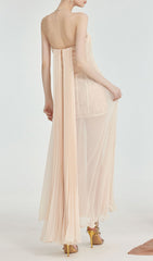 Fintan Apricot Strapless Pleated Mesh Maxi Dress