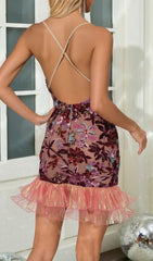 Fatin Dazzling Floral Sequin Party Mini Dress with Ruffle Hem