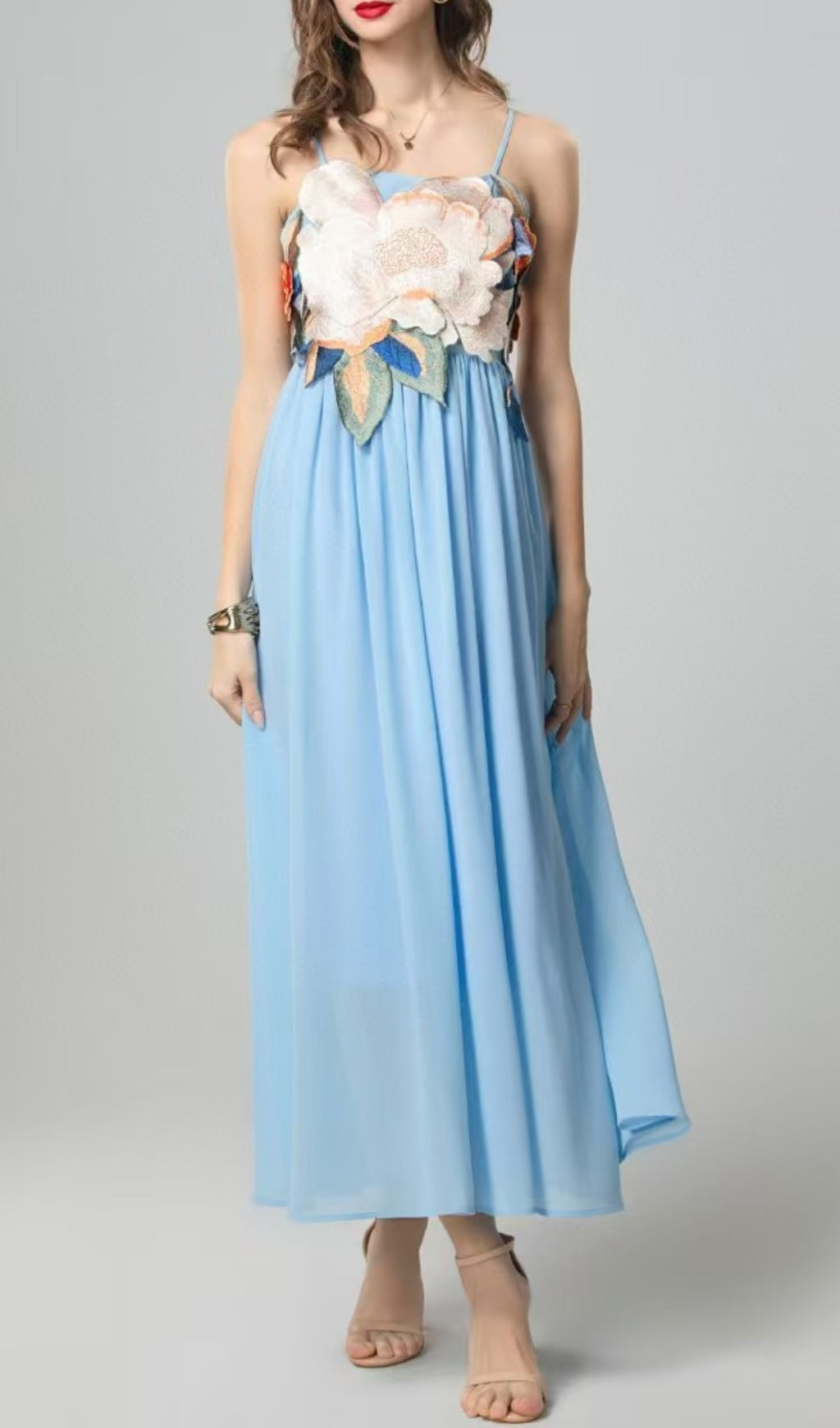 Emanuele Blue Floral Embroidered Maxi Dress