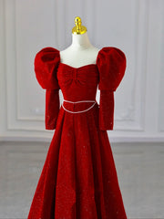 Vestido de fiesta de terciopelo rojo vino con mangas largas y corte A 
