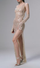 Gerd Glam Sequin Slit Maxi Gown with Matching Opera Gloves