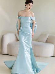 Blue Satin Off Shoulder Mermaid Long Formal Dress with Bow
