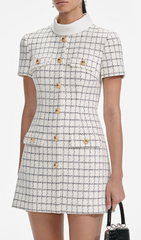 Grina Classic Plaid Tweed Mini Dress with Gold Buttons