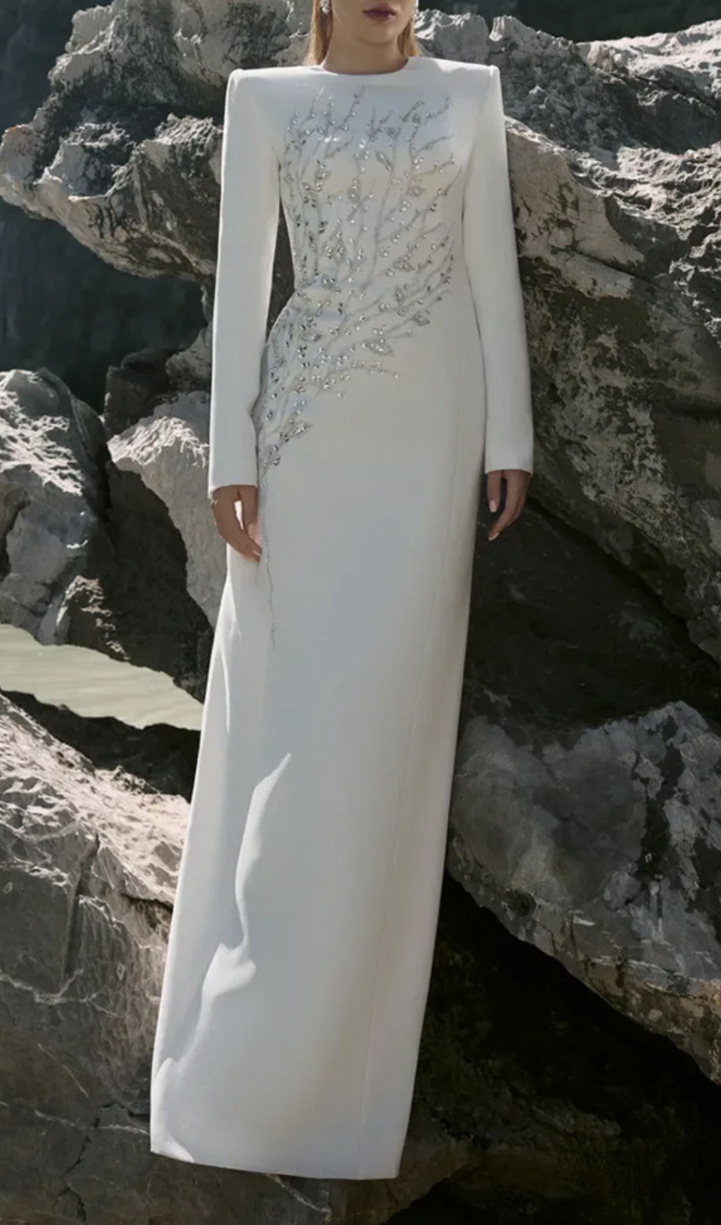 Gaiana Dazzling Crystal Long Sleeve Maxi Gown