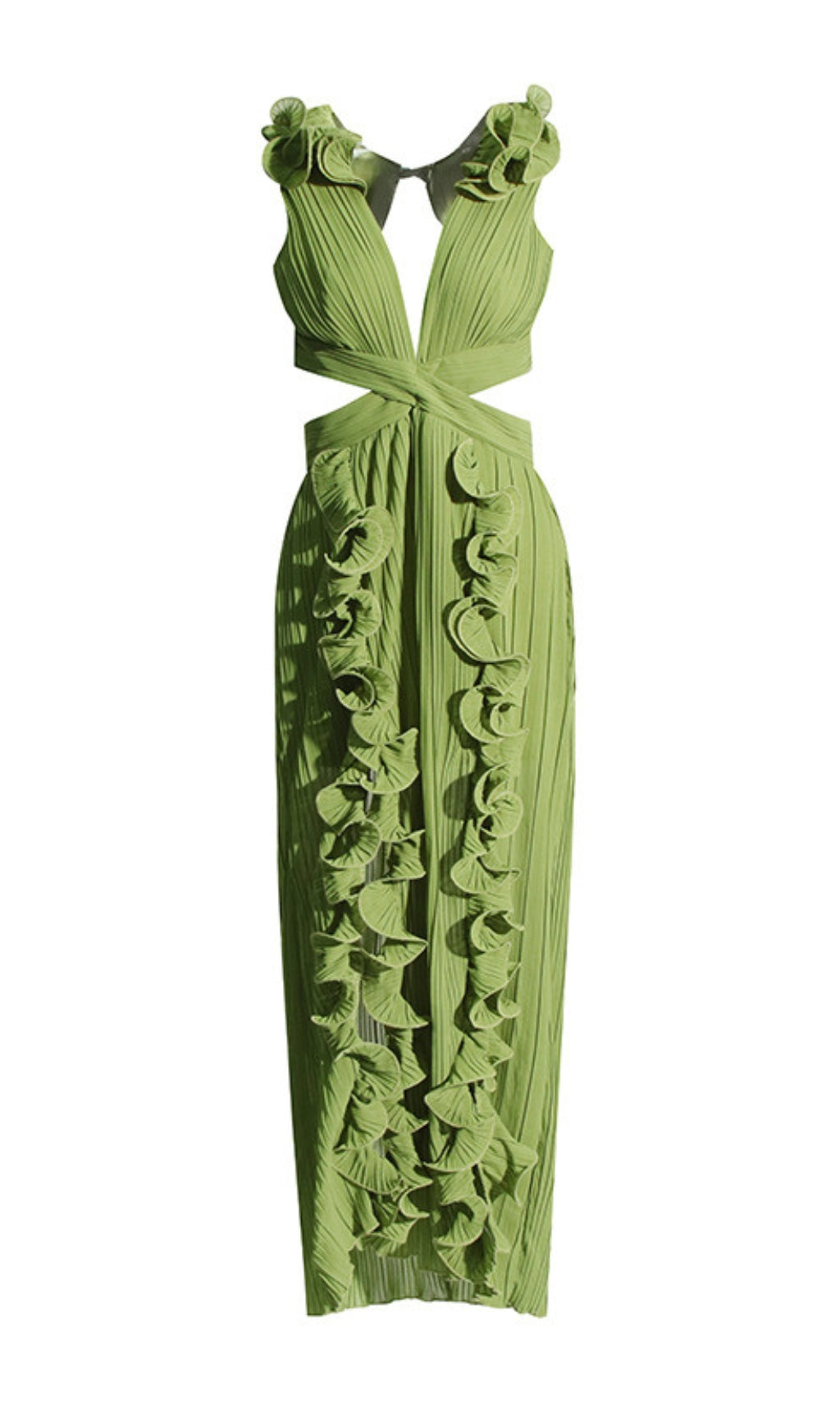 Vibrant Green Deep V-Neck Pleated Maxi Dress with Leafy Ruffle Slit