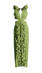 Vibrant Green Deep V-Neck Pleated Maxi Dress with Leafy Ruffle Slit