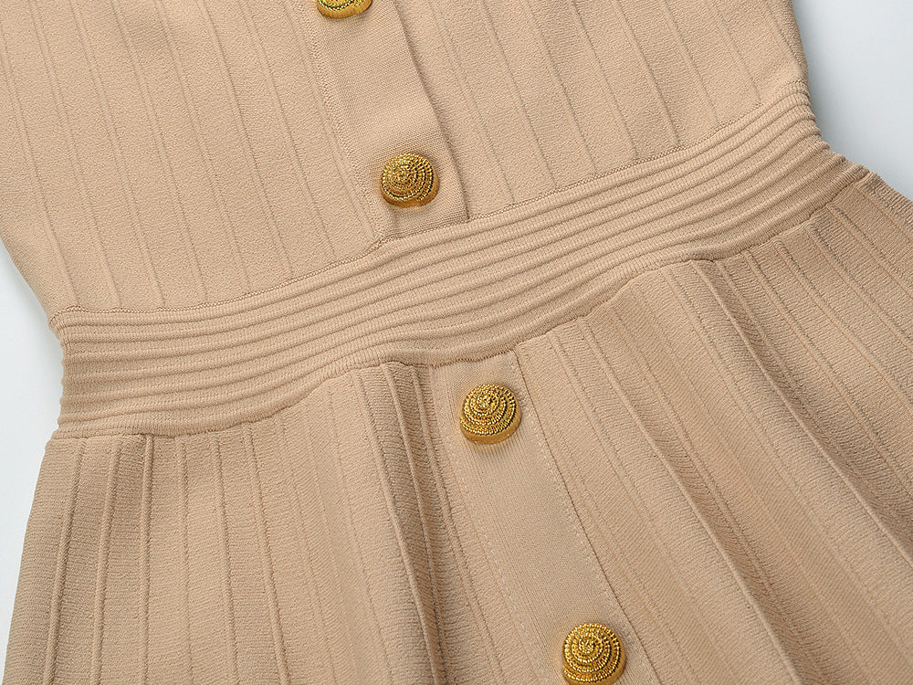 Helen Chic Ribbed Knit Sleeveless Mini Dress with Gold Buttons