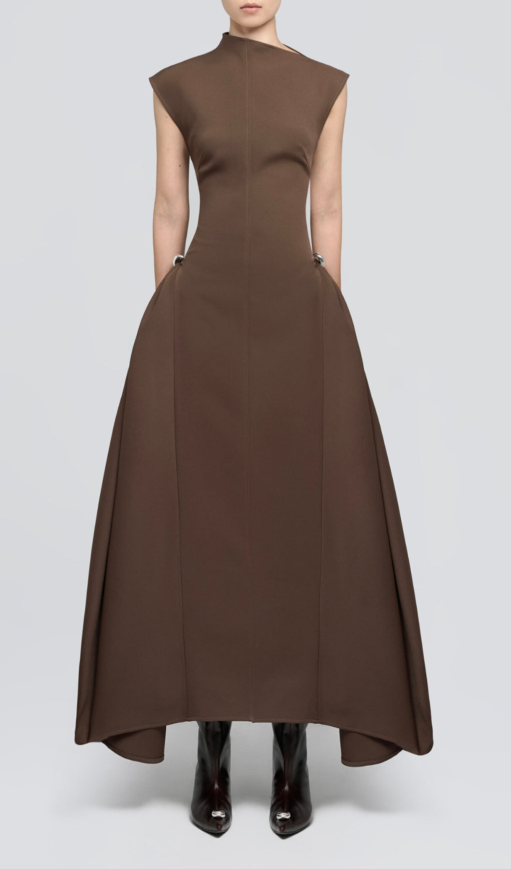 Sophisticated Brown A-Line Maxi Dress with Unique Asymmetric Neck & Side Hardware